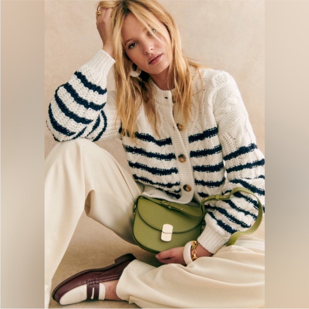 Sezane Navy Striped Cardigan with Olive Green Bag